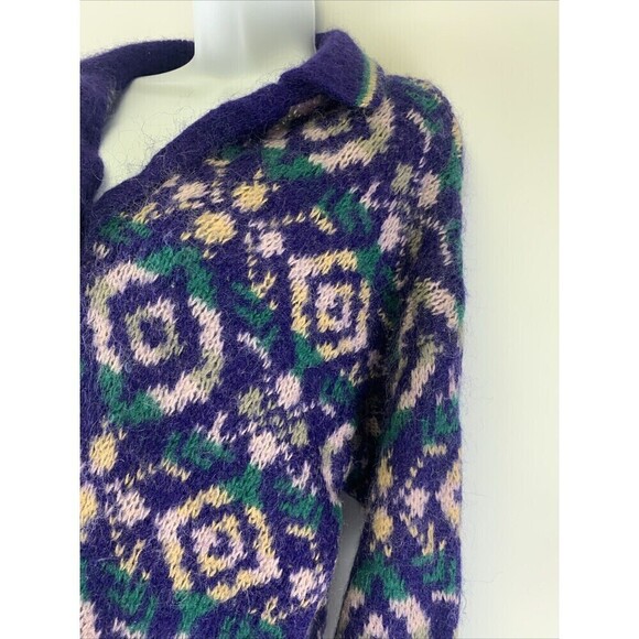 Benetton Sweater Collared Purple Green Pattern Pullover Button Wool Women Medium - Picture 8 of 15